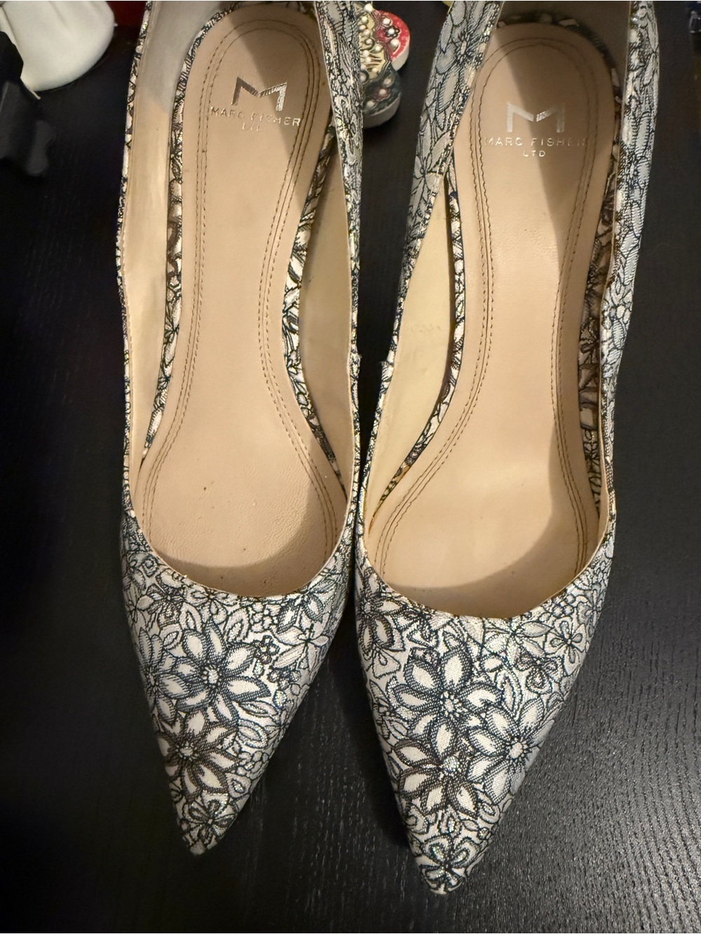 Marc Fisher Black and Cream Floral Pointed-Toe Pumps